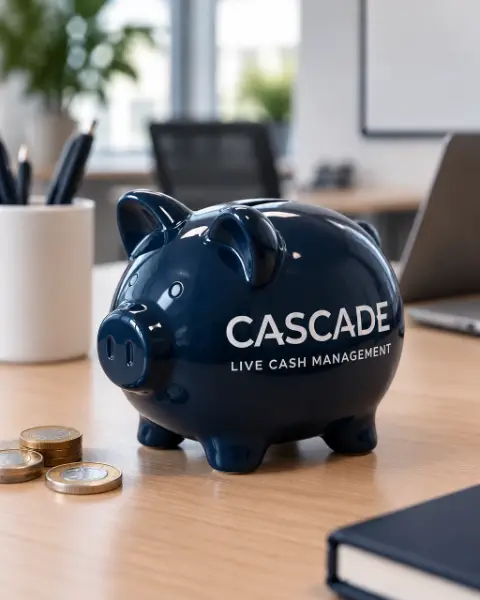 A navy Cascade piggy bank on an office desk, beside a stack of pound coins