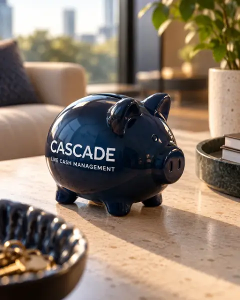 A navy Cascade piggy bank on a stone coffee table in a sunlit living room